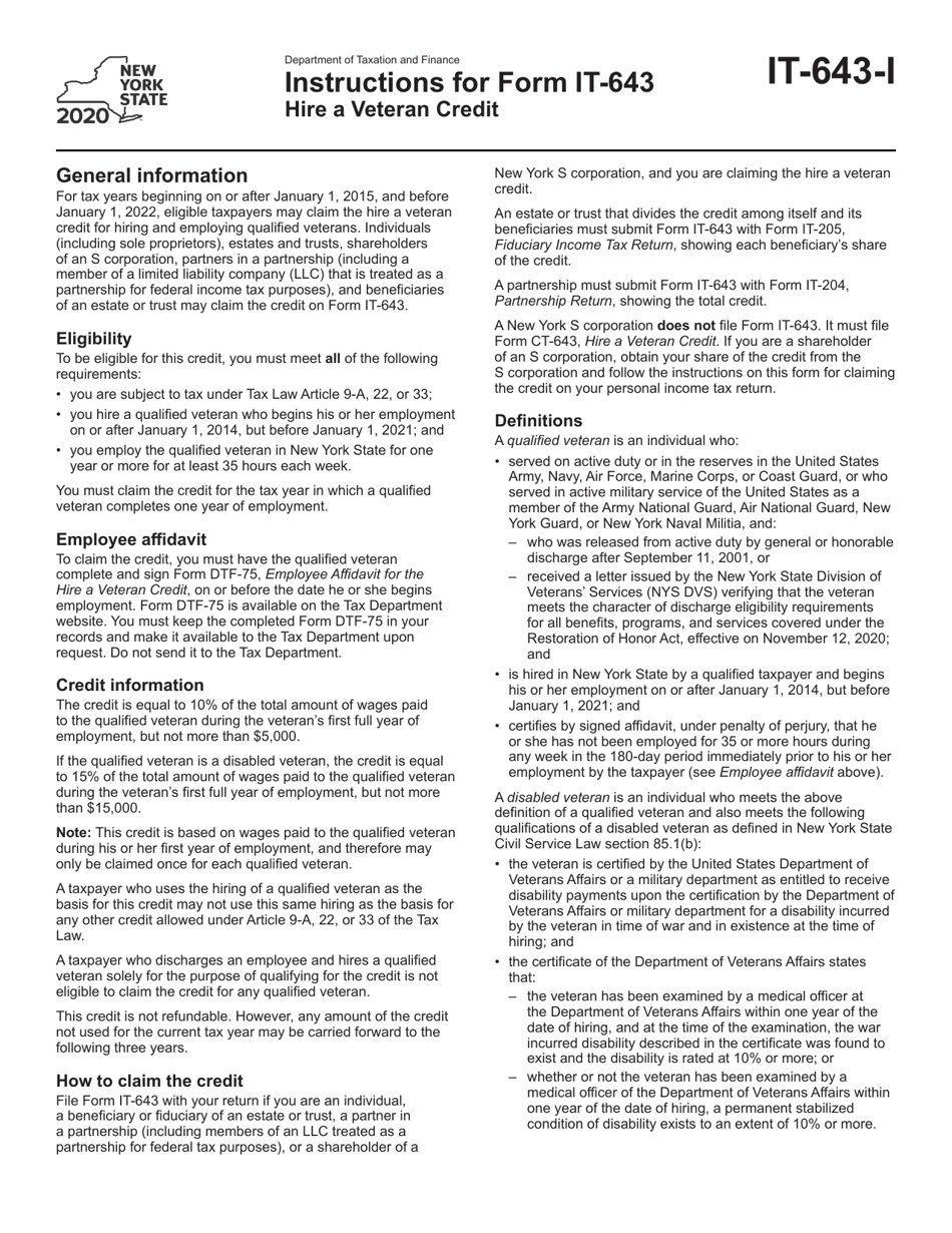 Instructions for Form IT-643 Hire a Veteran Credit - New York, Page 1