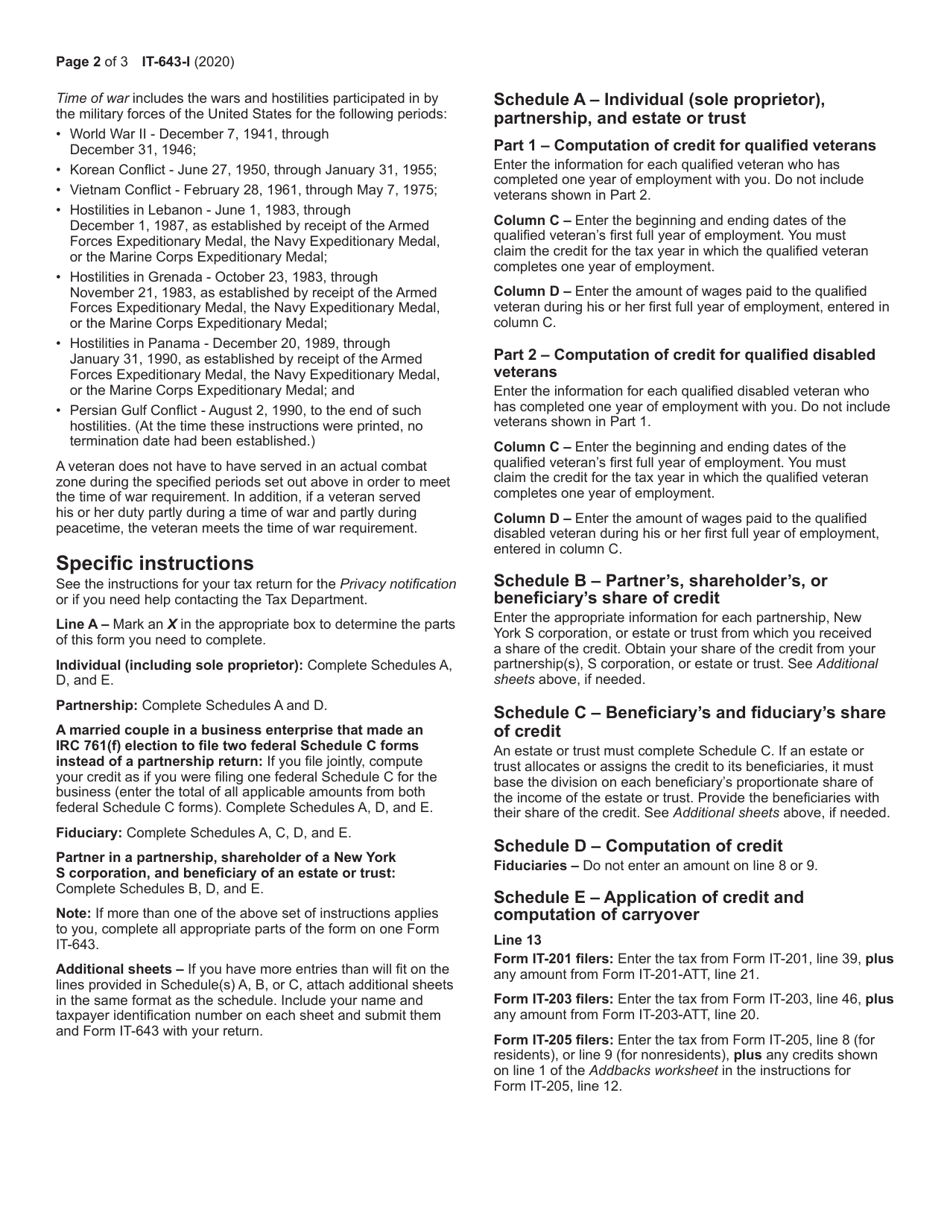 Instructions for Form IT-643 Hire a Veteran Credit - New York, Page 2