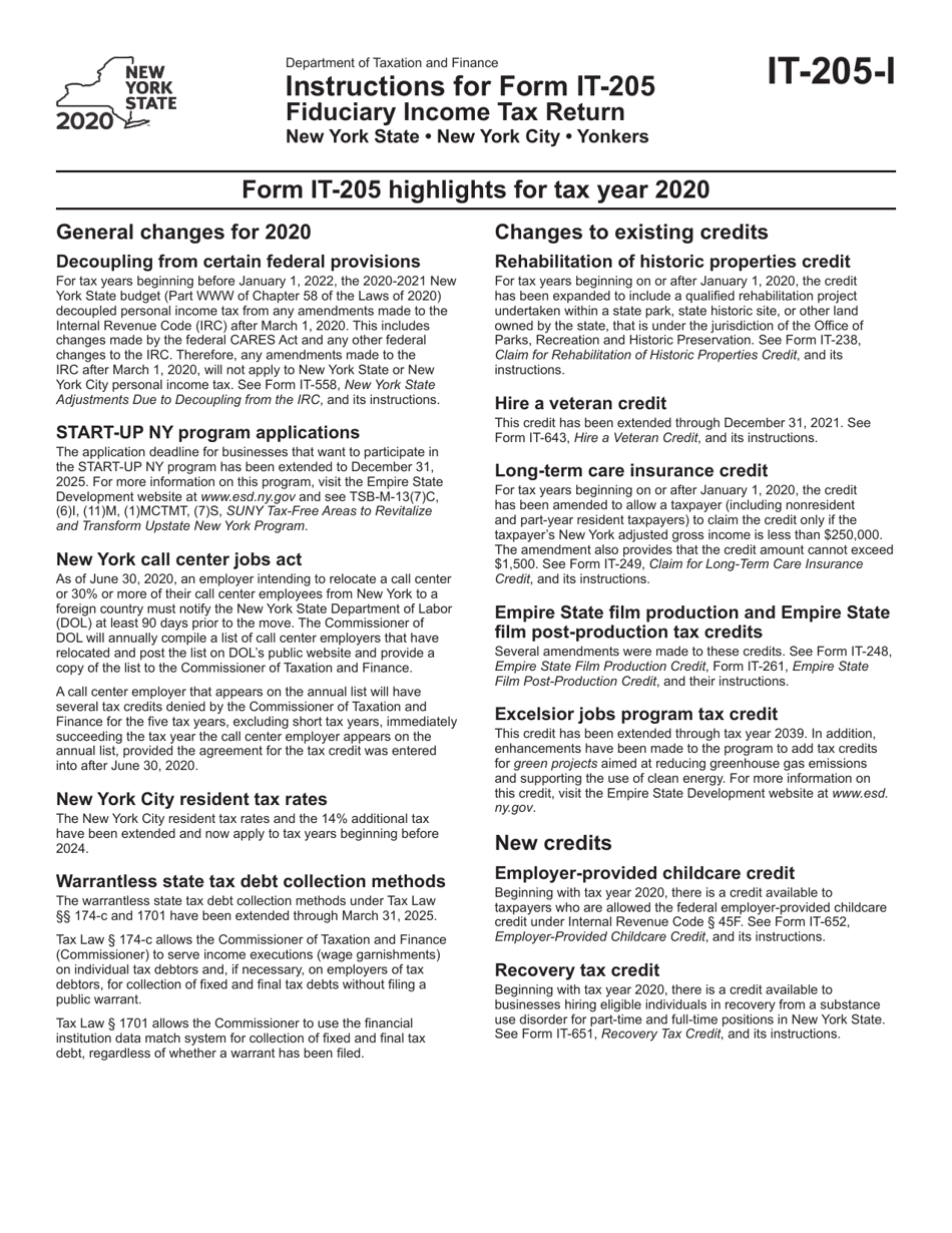 Download Instructions for Form IT-205 Fiduciary Income Tax Return PDF, 2020 | Templateroller
