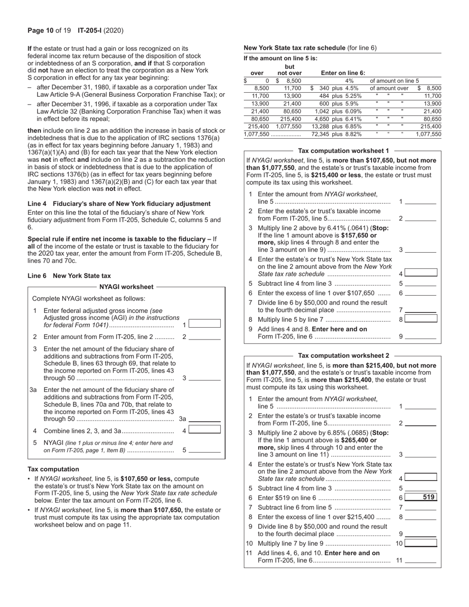 Instructions for Form IT-205 Fiduciary Income Tax Return - New York, Page 10