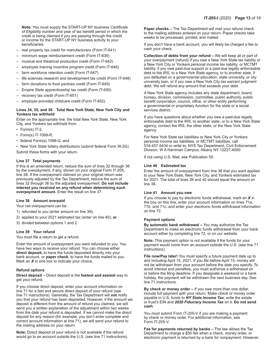 Instructions for Form IT-205 Fiduciary Income Tax Return - New York, Page 13