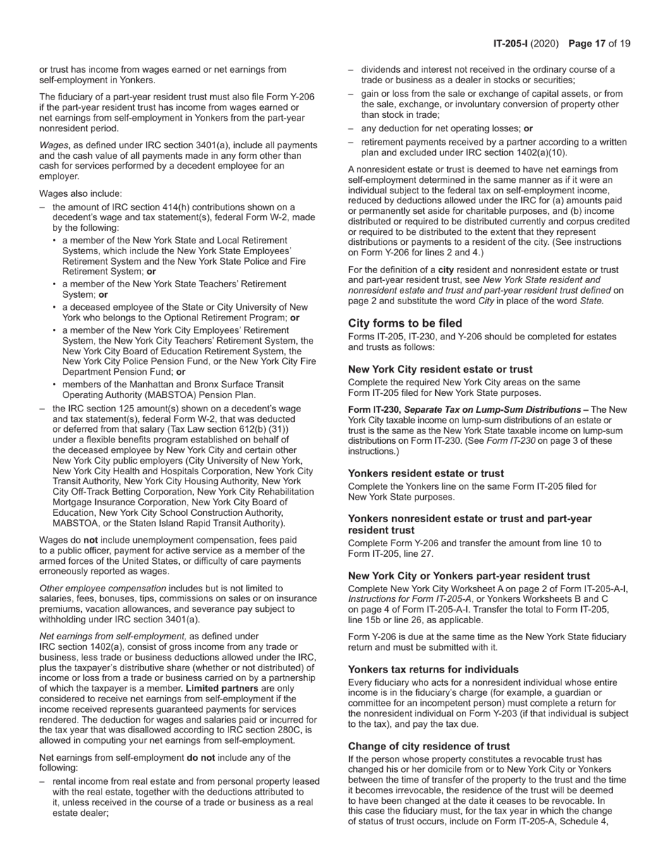 Instructions for Form IT-205 Fiduciary Income Tax Return - New York, Page 17