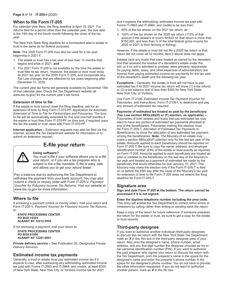Instructions for Form IT-205 Fiduciary Income Tax Return - New York, Page 4