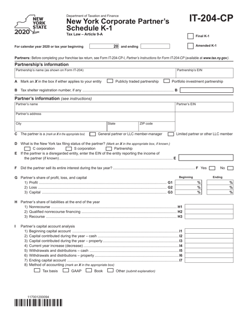 Form IT-204-CP New York Corporate Partner's Schedule K-1 - New York, 2020