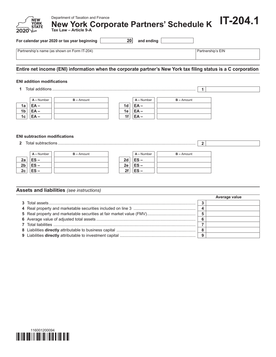 Form IT-204.1 New York Corporate Partners Schedule K - New York, Page 1