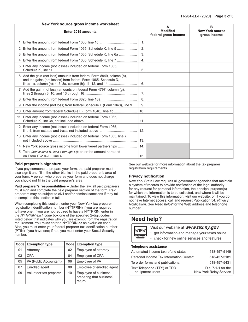 Instructions for Form IT-204-LL Partnership, Limited Liability Company, and Limited Liability Partnership Filing Fee Payment Form - New York, Page 3