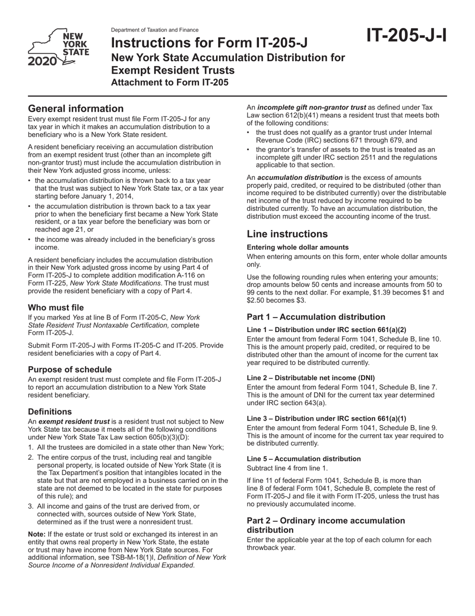 Instructions for Form IT-205-J New York State Accumulation Distribution for Exempt Resident Trusts - New York, Page 1