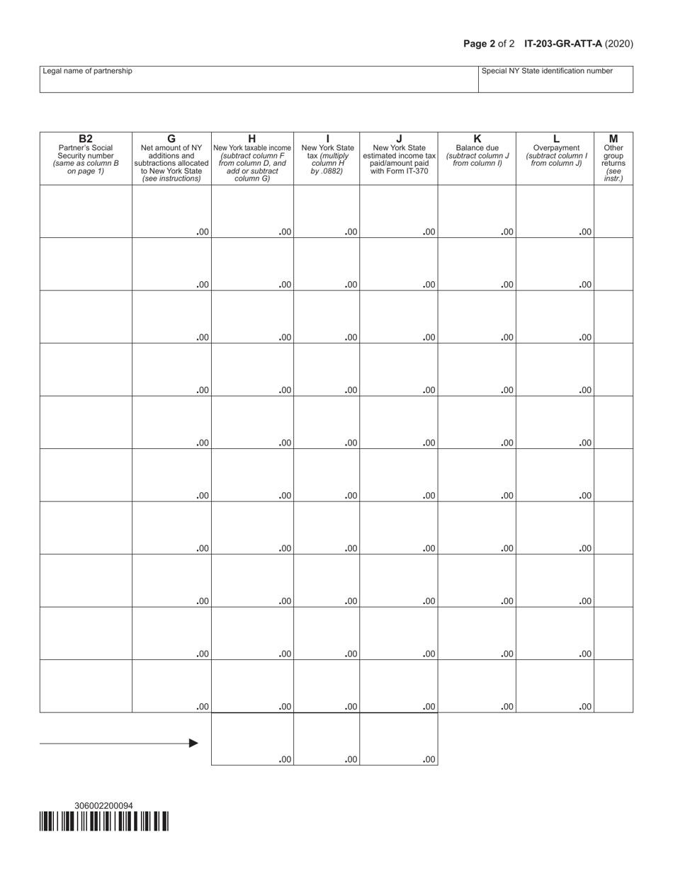 Form IT-203-GR-ATT-A Schedule A New York State Group Return for Nonresident Partners - New York, Page 2
