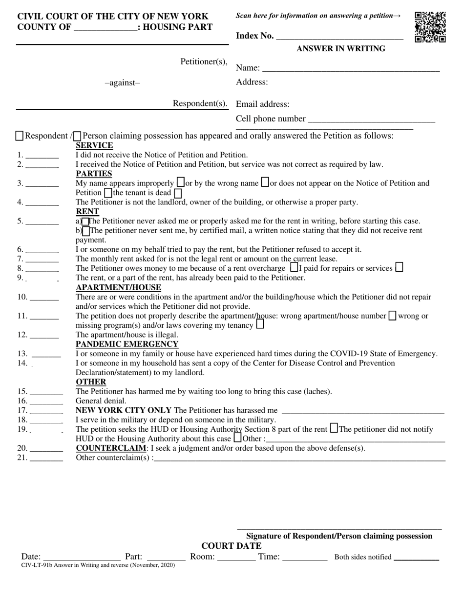 Form CIV-LT-91B Answer in Writing - New York City, Page 1