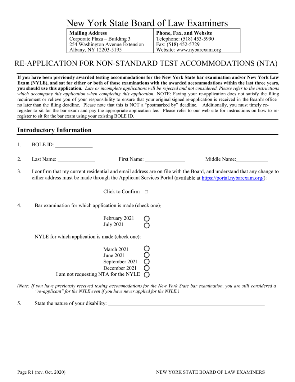 Re-application for Non-standard Test Accommodations (Nta) - New York, Page 1
