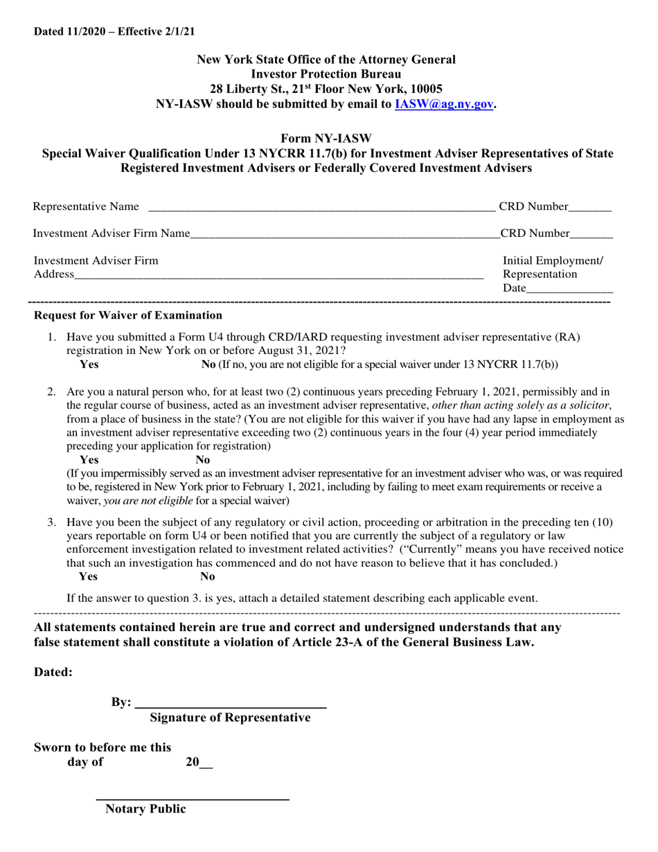 Form NY-IASW Special Waiver Qualification Under 13 Nycrr 11.7(B) for Investment Adviser Representatives of State Registered Investment Advisers or Federally Covered Investment Advisers - New York, Page 1