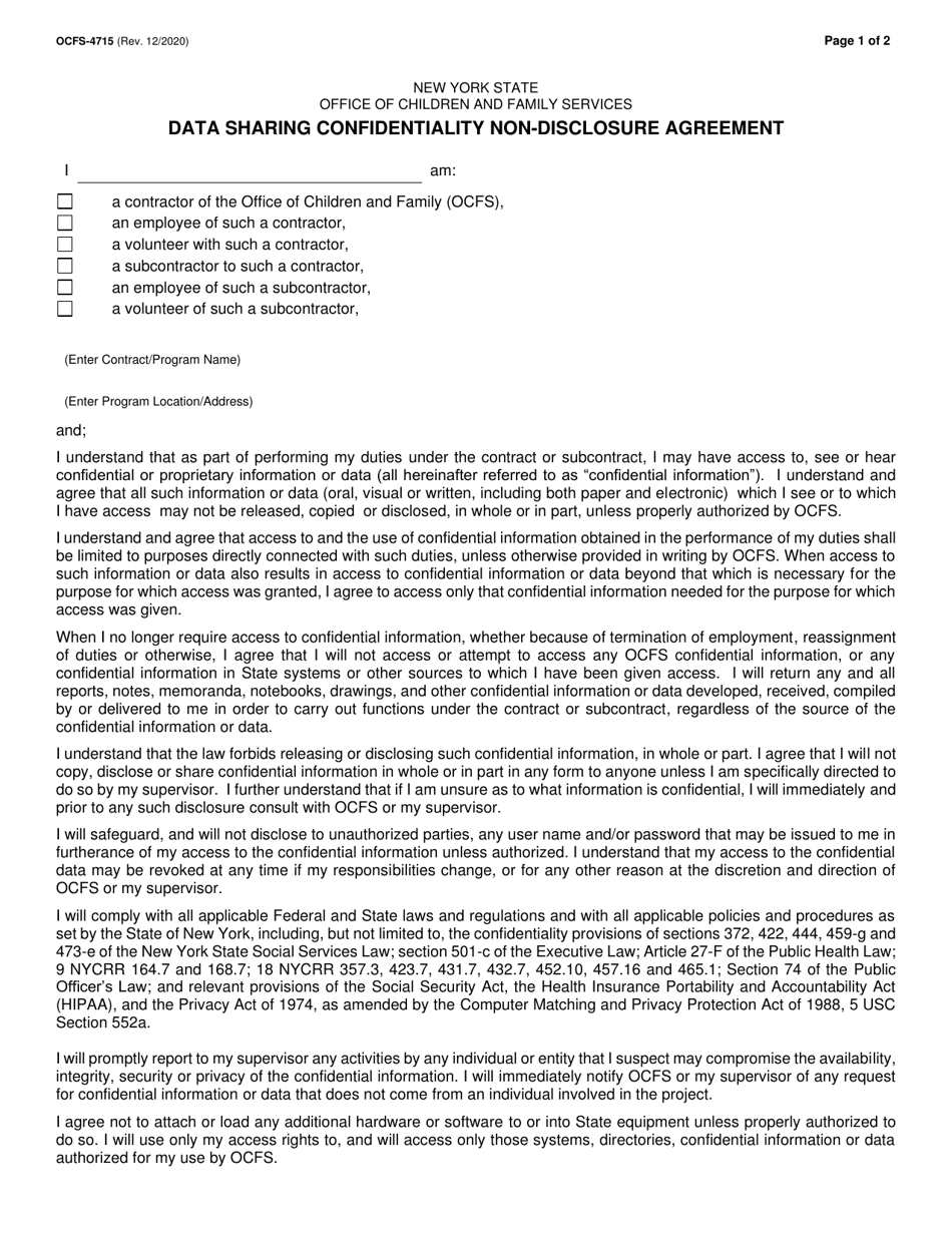 Form OCFS-4715 Data Sharing Confidentiality Non-disclosure Agreement - New York, Page 1