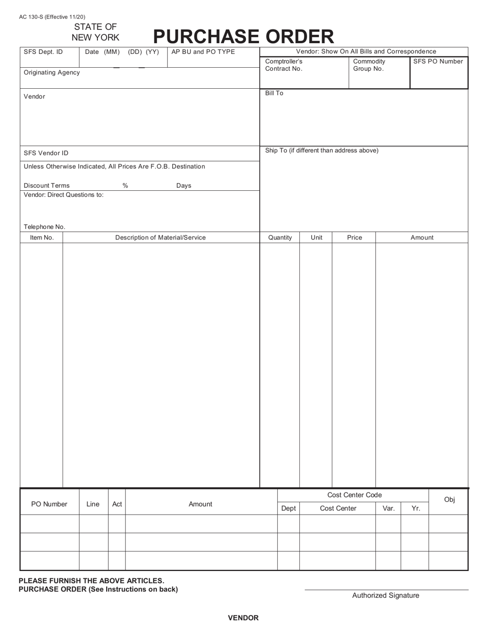 Form AC130-S Purchase Order - New York, Page 1