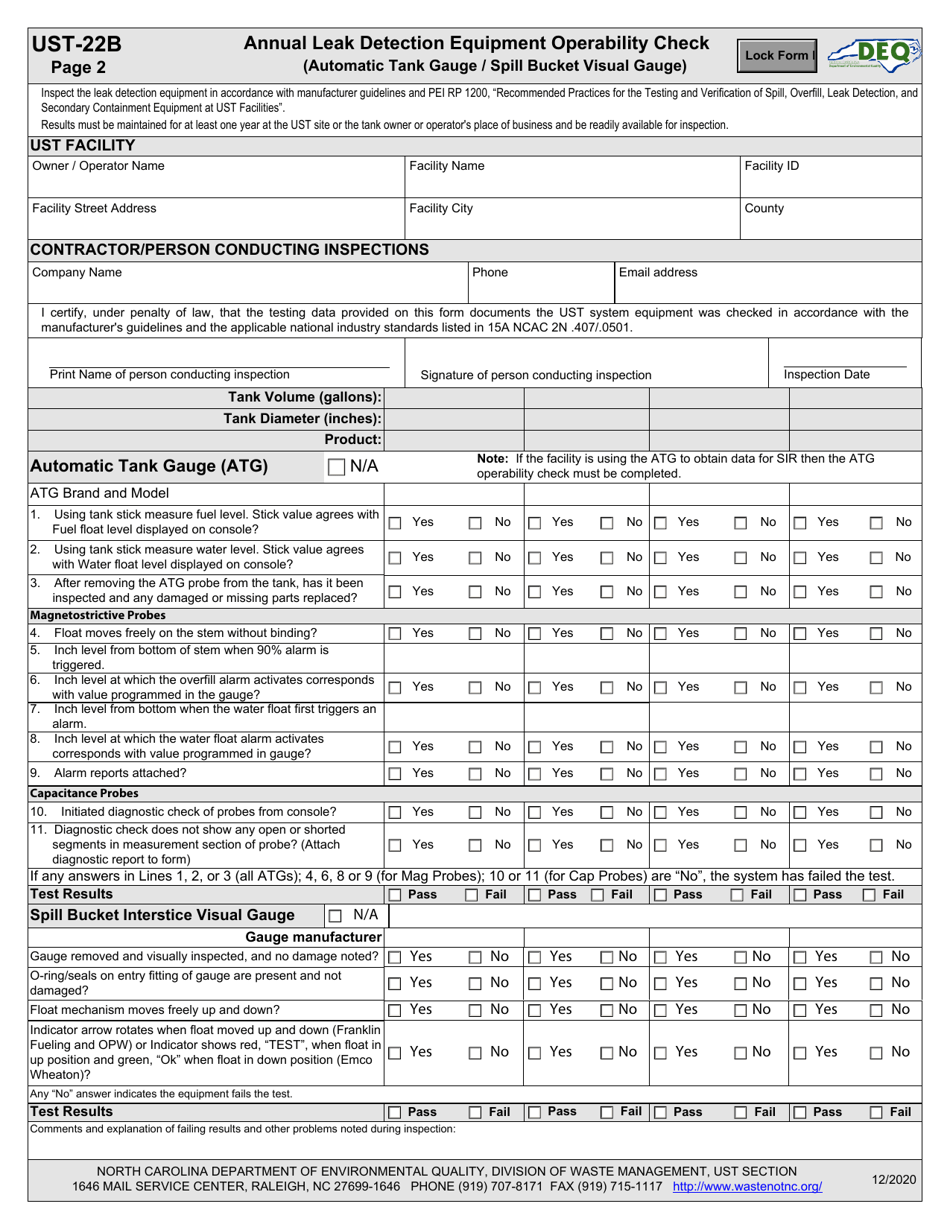 Form UST-22B Annual Leak Detection Equipment Operability Check (Interstitial Sensors) - North Carolina, Page 2