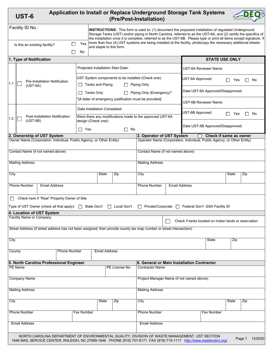 Form UST-6 Application to Install or Replace Underground Storage Tank Systems (Pre / Post-installation) - North Carolina, Page 1