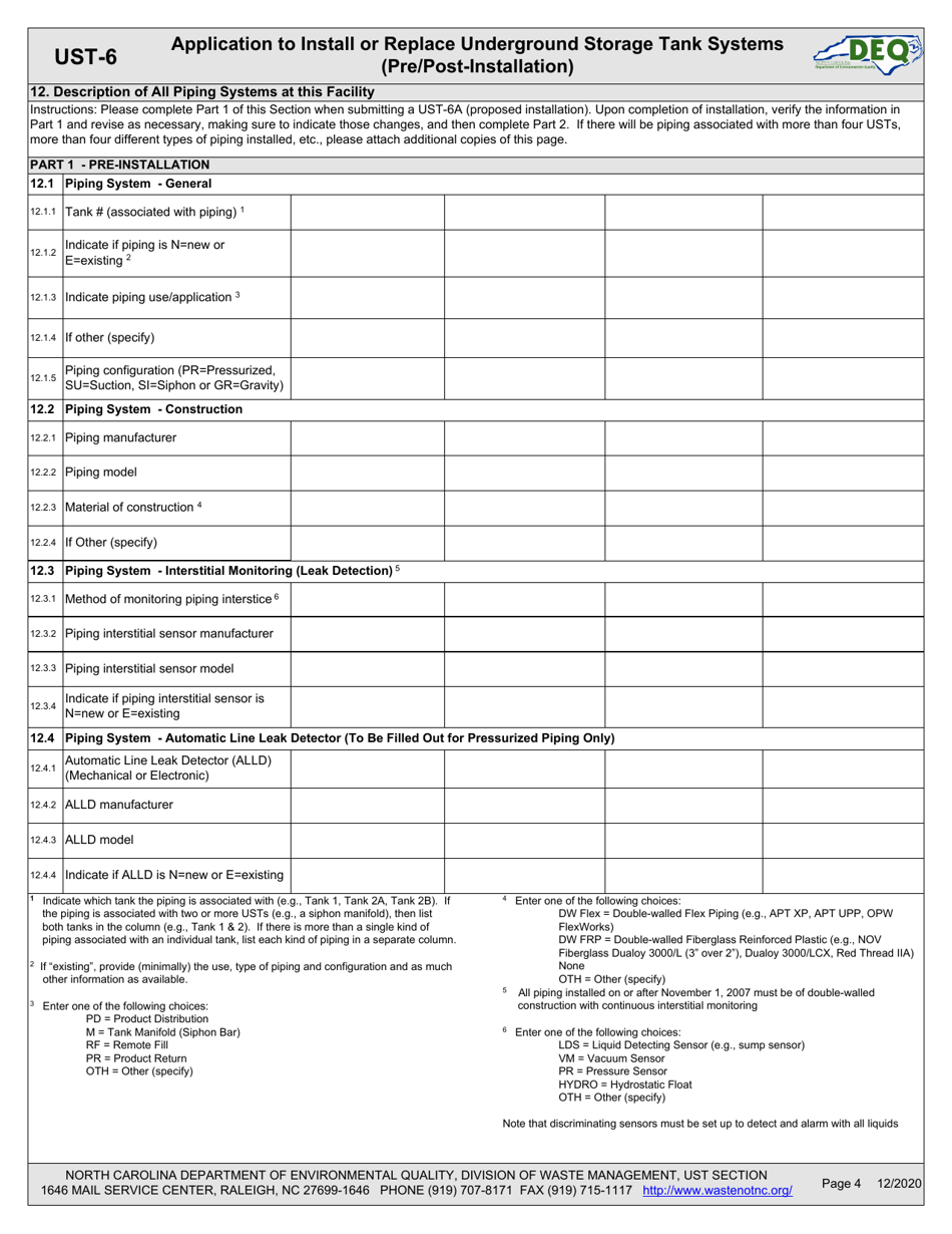 Form UST-6 Application to Install or Replace Underground Storage Tank Systems (Pre / Post-installation) - North Carolina, Page 4
