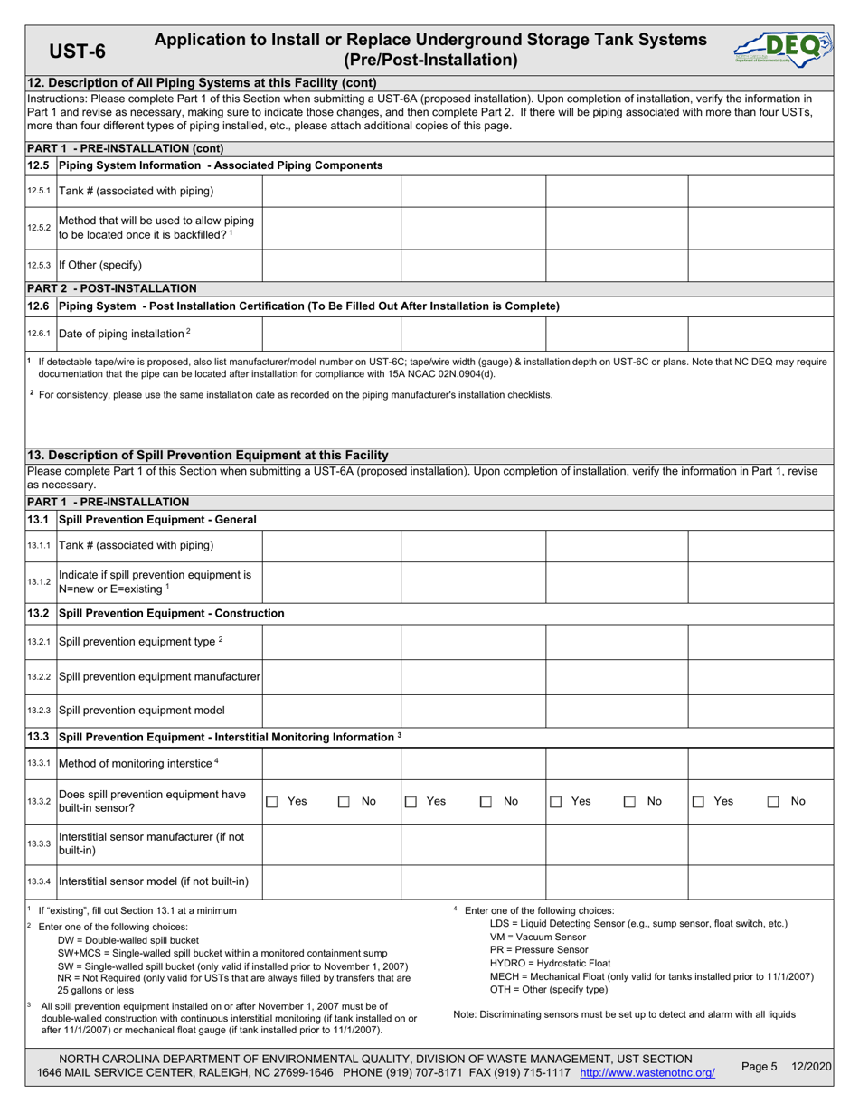 Form UST-6 Application to Install or Replace Underground Storage Tank Systems (Pre / Post-installation) - North Carolina, Page 5