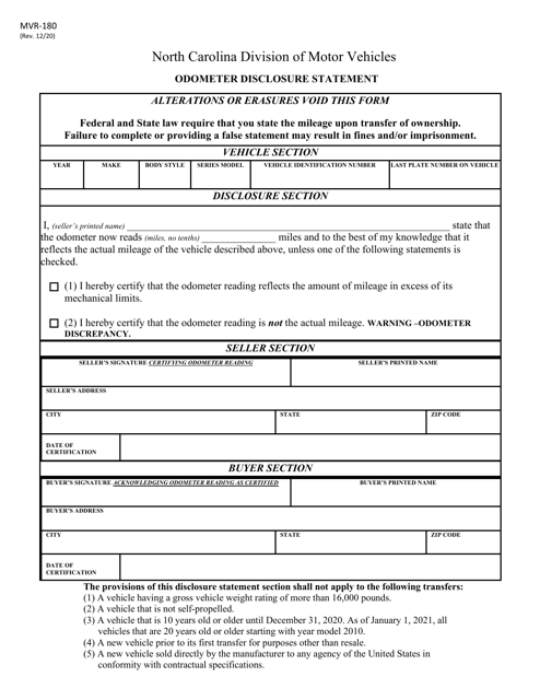 Form MVR-180 Odometer Disclosure Statement - North Carolina