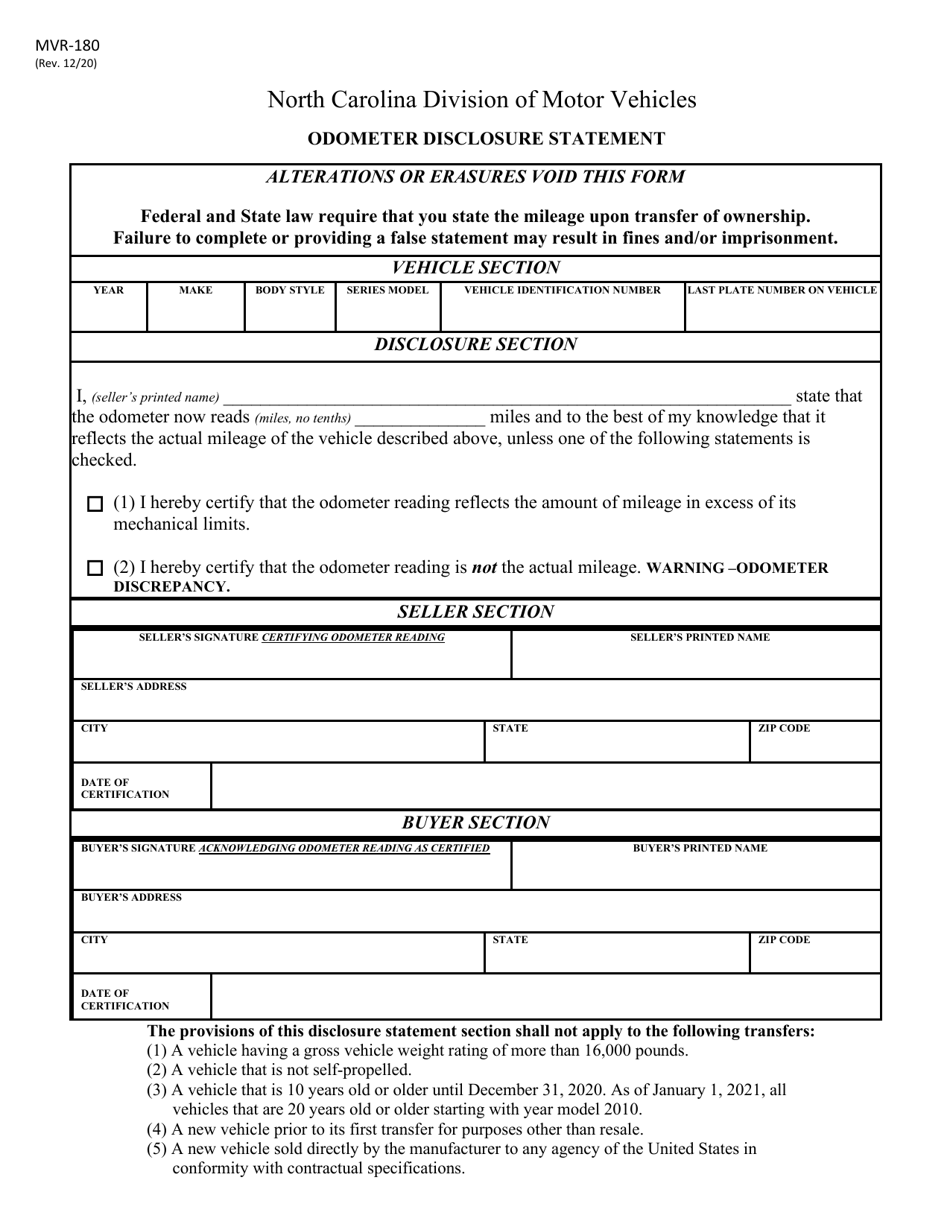 Form MVR-180 Odometer Disclosure Statement - North Carolina, Page 1