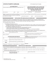 Document preview: Form AOC-CR-280 Law Enforcement Application for Verification of Expunction Under G.s. 15a-145.4, 15a-145.5, 15a-145.6, 15a-145.8a, or 15a-146 - North Carolina