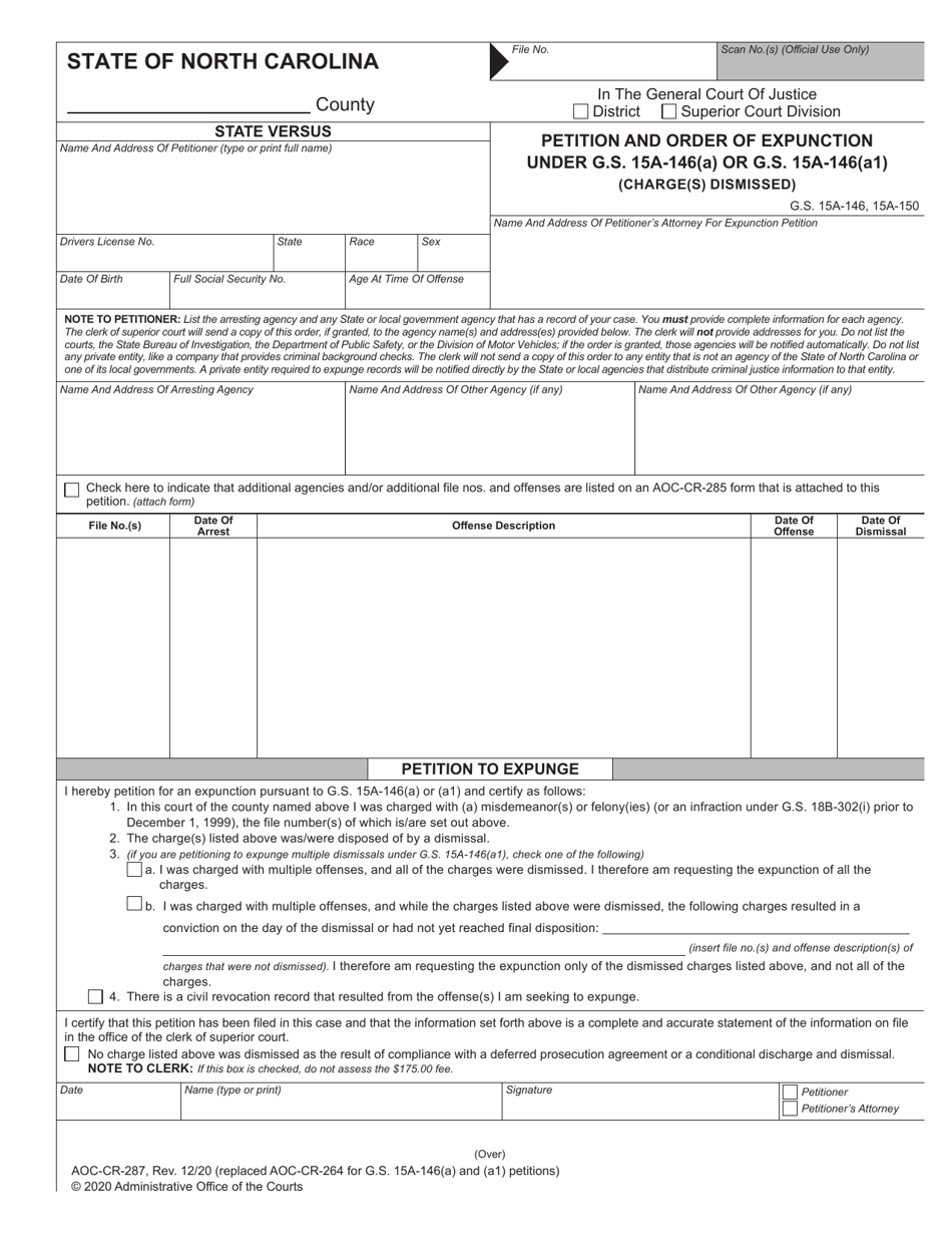 Form AOC-CR-287 Petition and Order of Expunction Under G.s. 15a-146(A) or G.s. 15a-146(A1) (Charge(S) Dismissed) - North Carolina, Page 1