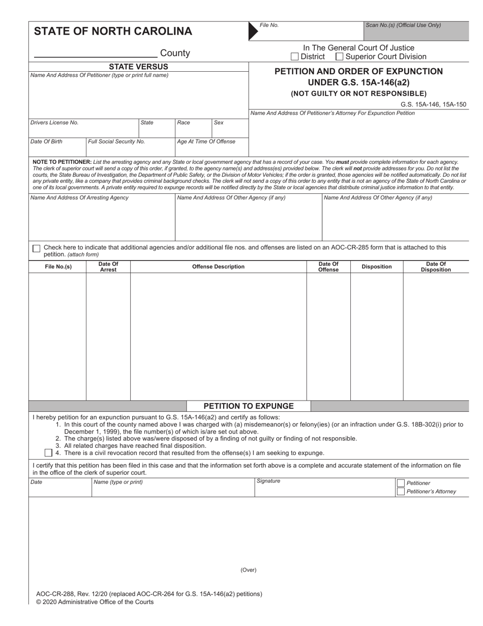 Form AOC-CR-288 Petition and Order of Expunction Under G.s. 15a-146(A2) (Not Guilty or Not Responsible) - North Carolina, Page 1