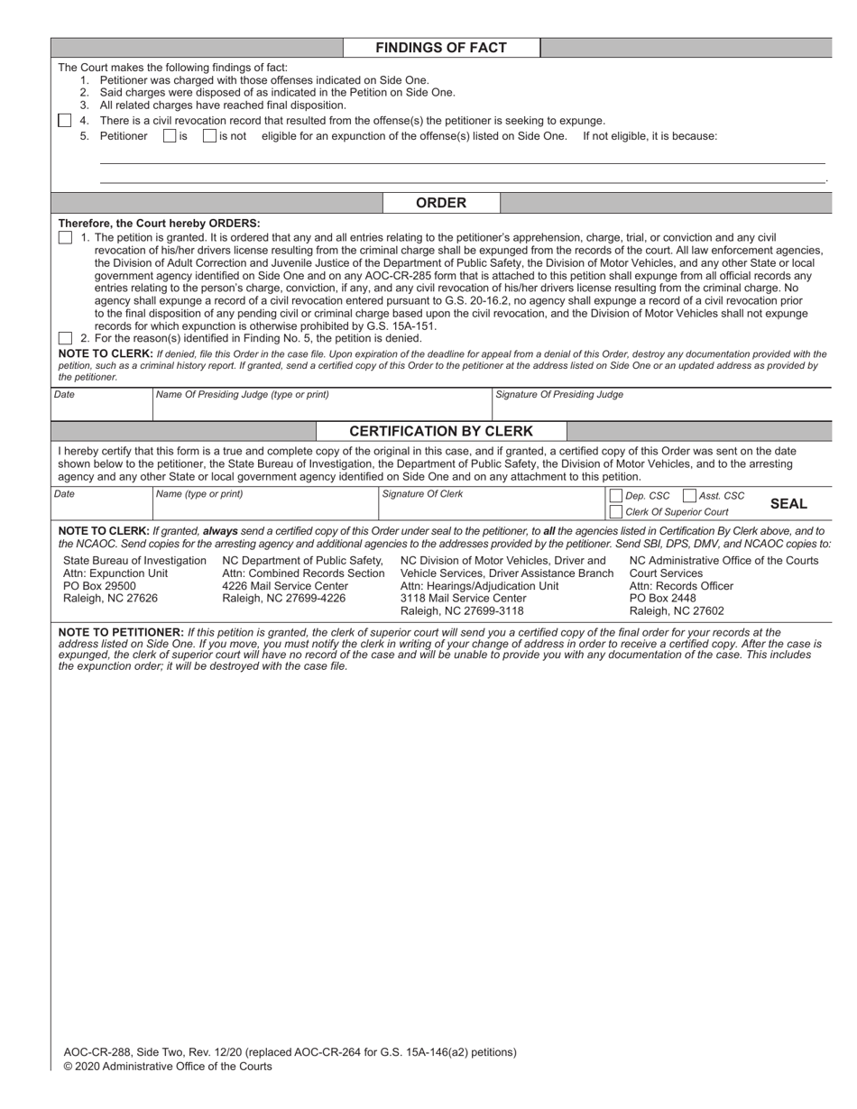 Form AOC-CR-288 Petition and Order of Expunction Under G.s. 15a-146(A2) (Not Guilty or Not Responsible) - North Carolina, Page 2