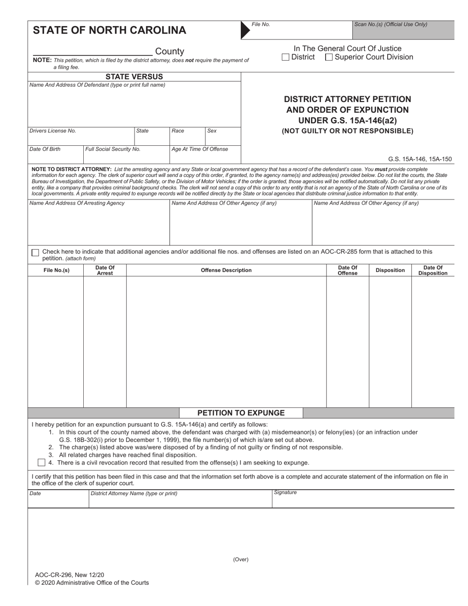 Form AOC-CR-296 District Attorney Petition and Order of Expunction Under G.s. 15a-146(A2) (Not Guilty or Not Responsible) - North Carolina, Page 1