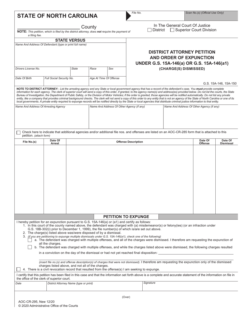 Form AOC-CR-295 District Attorney Petition and Order of Expunction Under G.s. 15a-146(A) or G.s. 15a-146(A1) (Charge(S) Dismissed) - North Carolina, Page 1