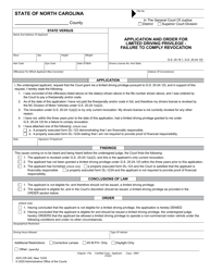 Document preview: Form AOC-CR-345 Application and Order for Limited Driving Privilege - Failure to Comply Revocation - North Carolina