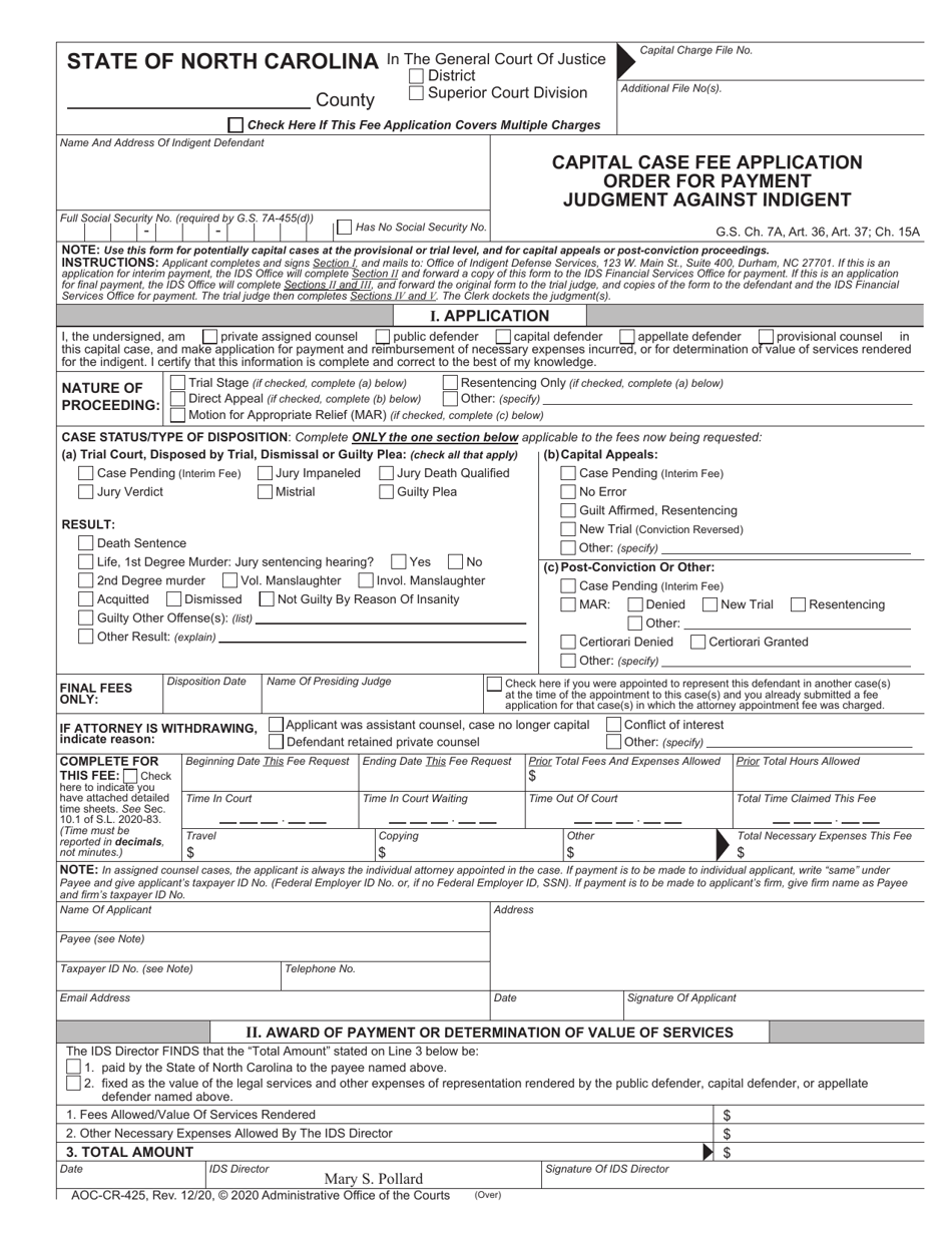 Form AOC-CR-425 Download Fillable PDF or Fill Online Capital Case Fee ...