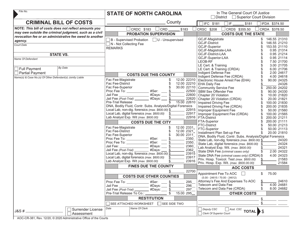 Form AOC-CR-381 Criminal Bill of Costs - North Carolina, Page 1