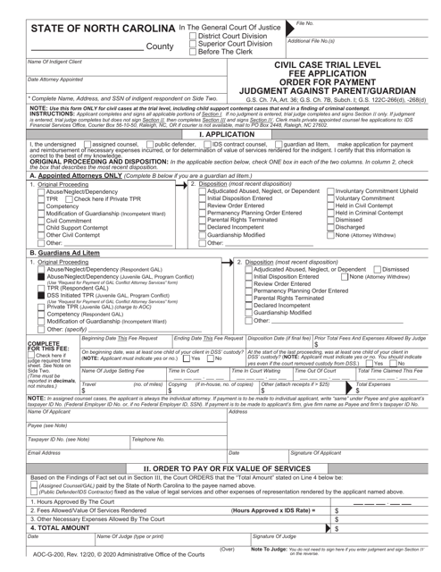 Form AOC-G-200 Civil Case Trial Level Fee Application Order for Payment Judgment Against Parent/Guardian - North Carolina