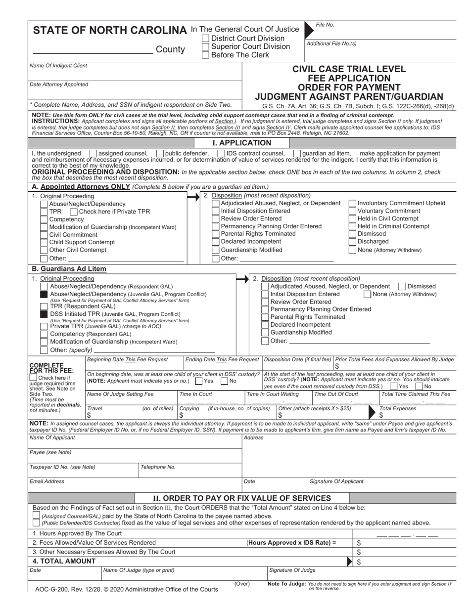 Form AOC-G-200 Civil Case Trial Level Fee Application Order for Payment Judgment Against Parent / Guardian - North Carolina, Page 1