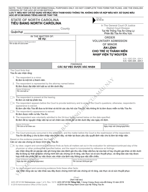 Form AOC-SP-913 Order Voluntary Admission of Minor - North Carolina (English/Vietnamese)