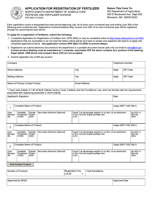 Form SFN2842 Application for Registration of Fertilizer - North Dakota