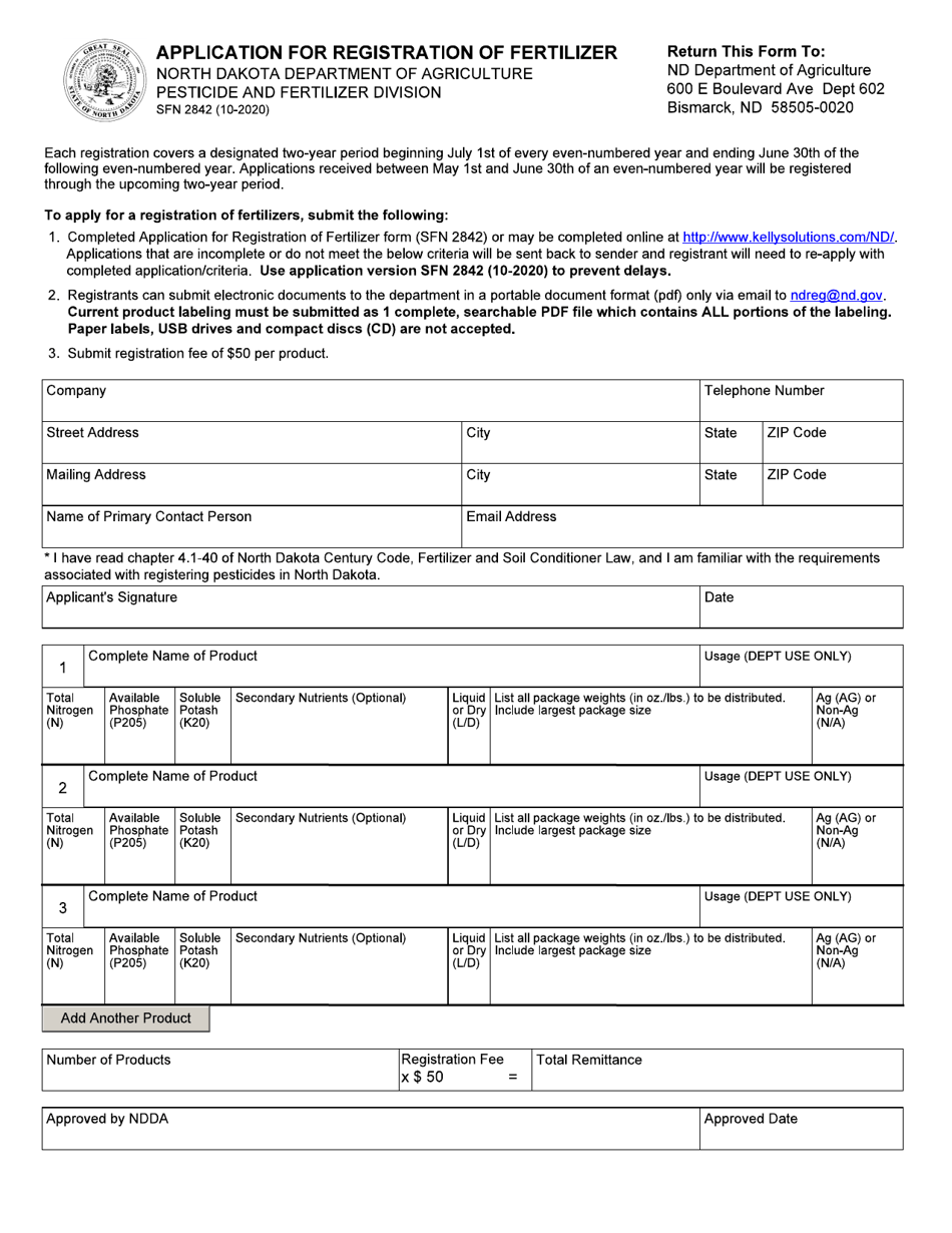 Form SFN2842 Application for Registration of Fertilizer - North Dakota, Page 1