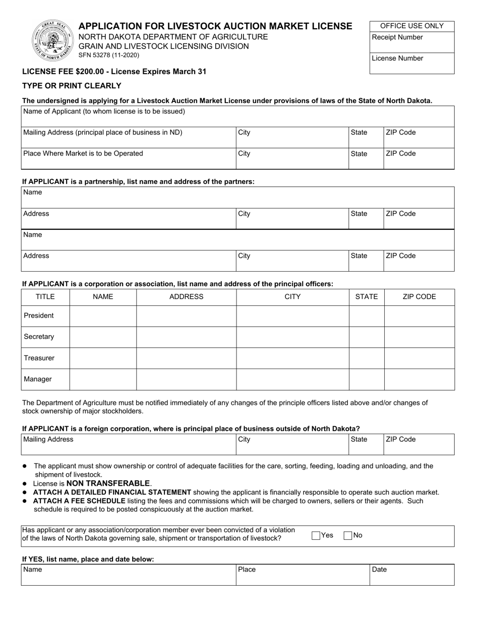 Form SFN53278 Application for Livestock Auction Market License - North Dakota, Page 1