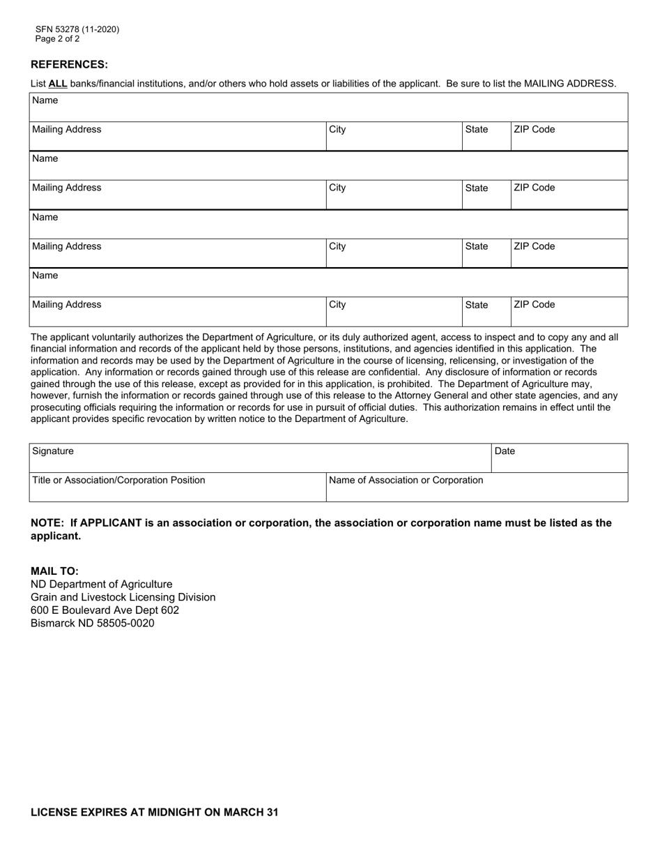 Form SFN53278 Application for Livestock Auction Market License - North Dakota, Page 2