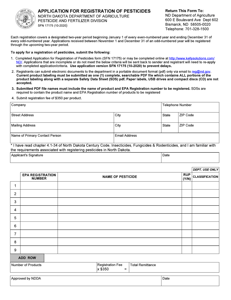 Form SFN17175 Application for Registration of Pesticides - North Dakota, Page 1