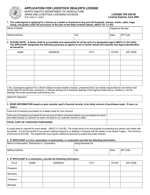 Form SFN10202 Application for Livestock Dealer's License - North Dakota