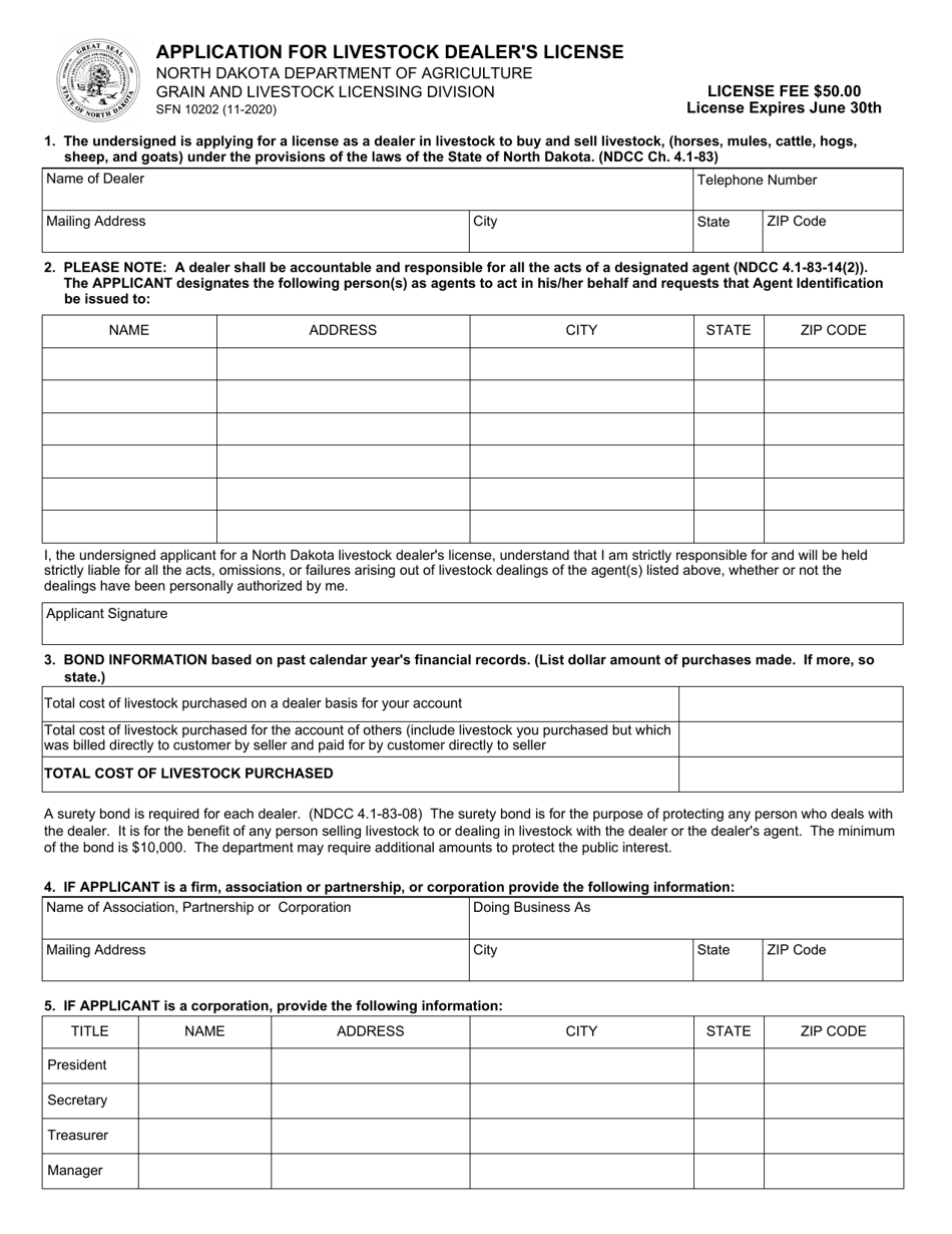 Form SFN10202 Application for Livestock Dealers License - North Dakota, Page 1