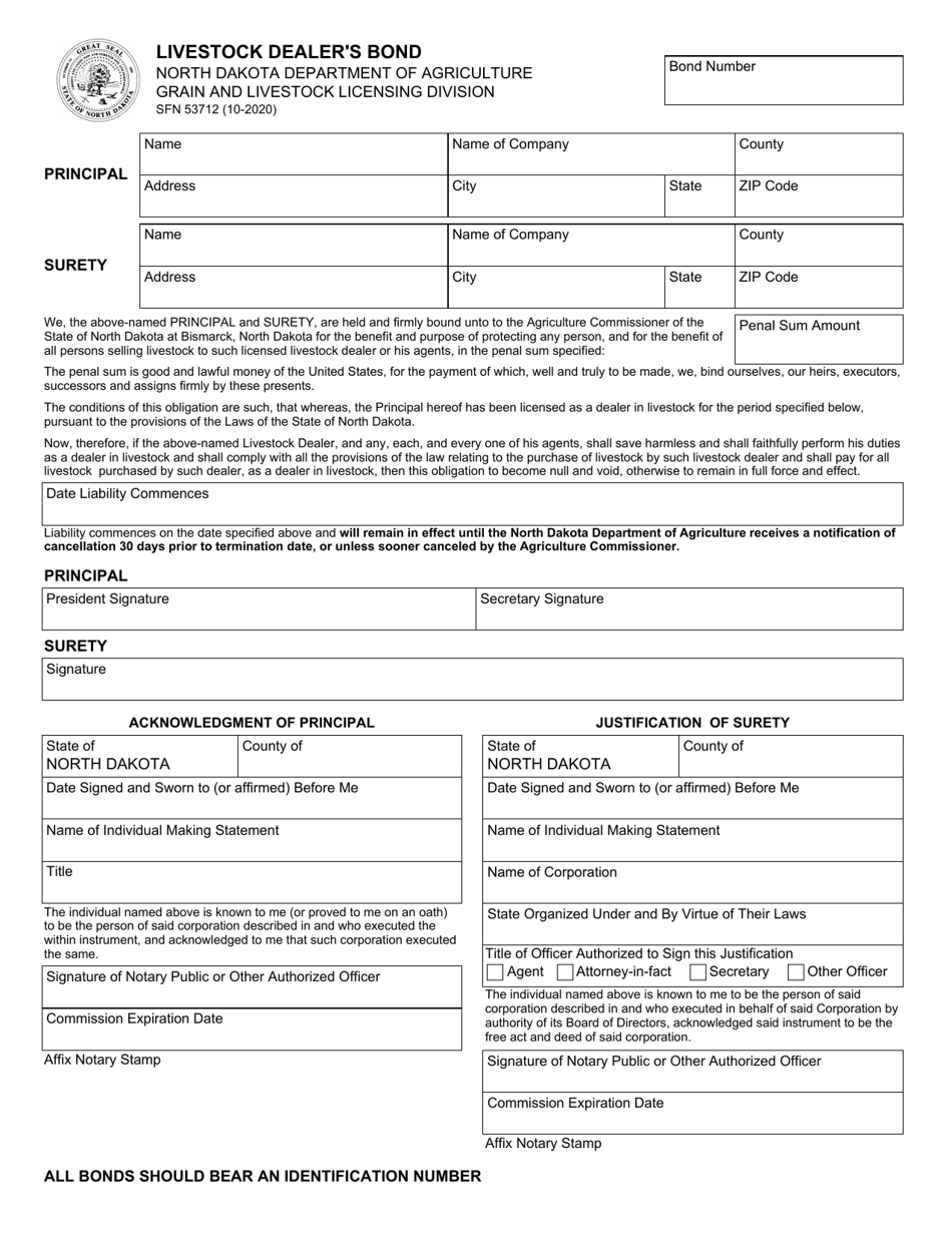 Form SFN53712 Livestock Dealers Bond - North Dakota, Page 1