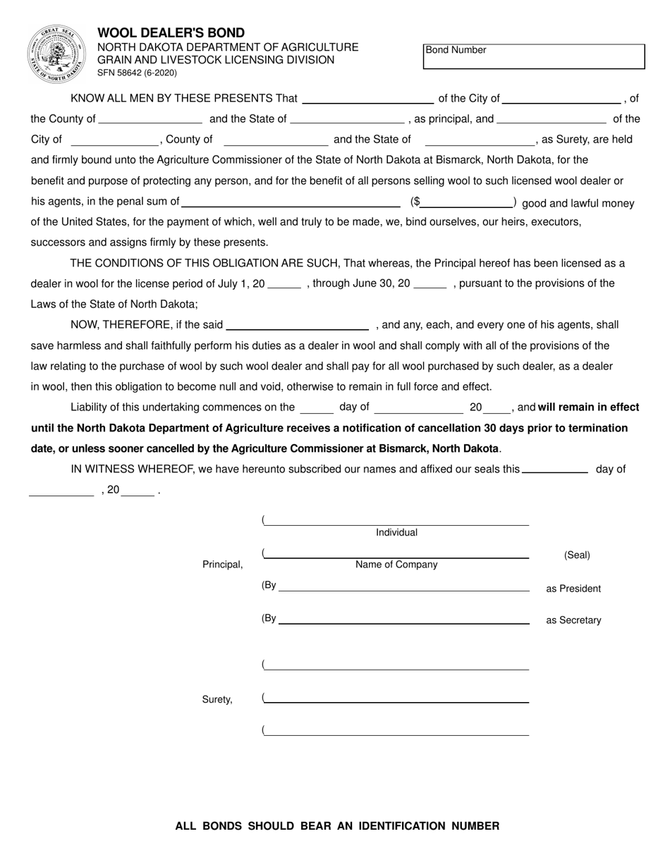 Form SFN58642 Wool Dealers Bond - North Dakota, Page 1