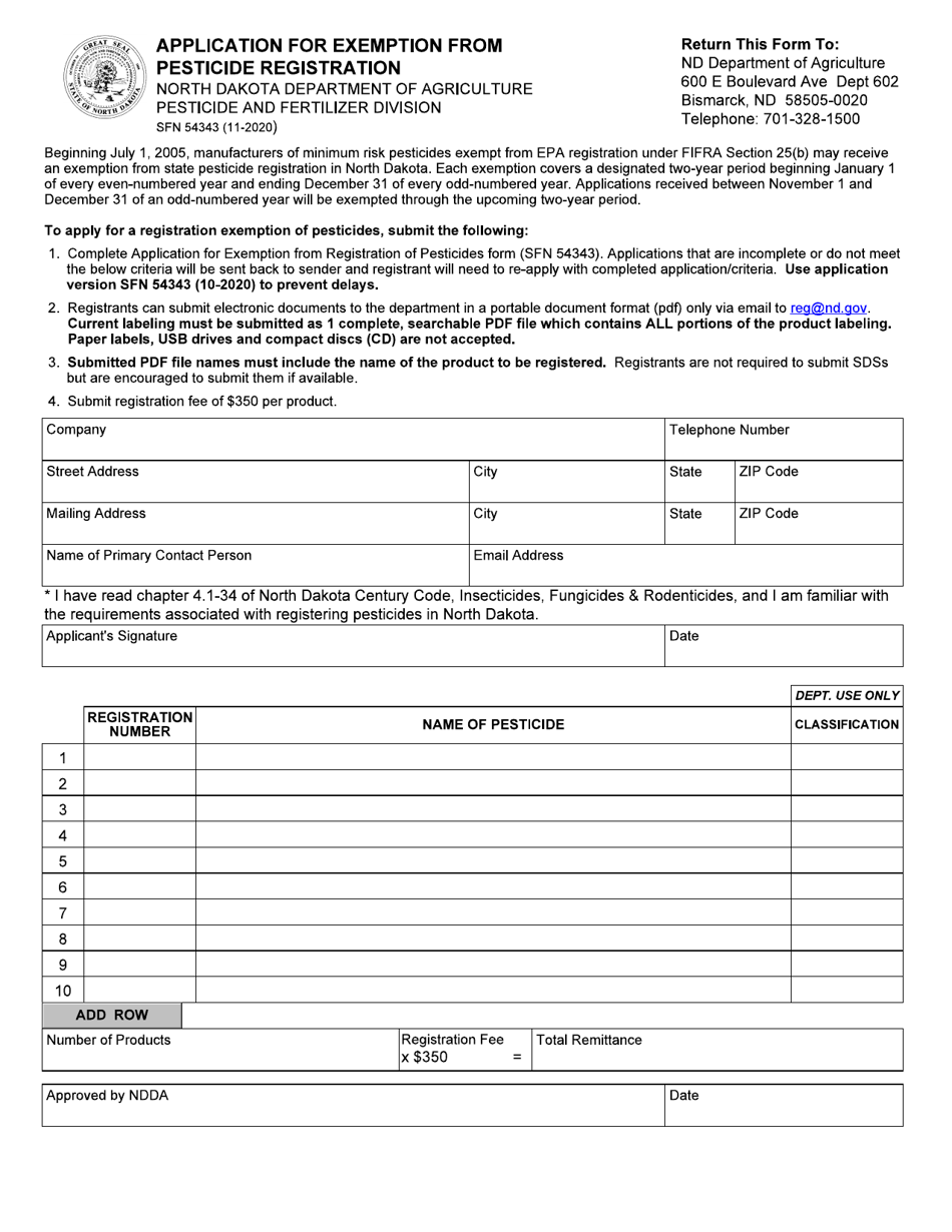 Form SFN54343 Application for Exemption From Pesticide Registration - North Dakota, Page 1