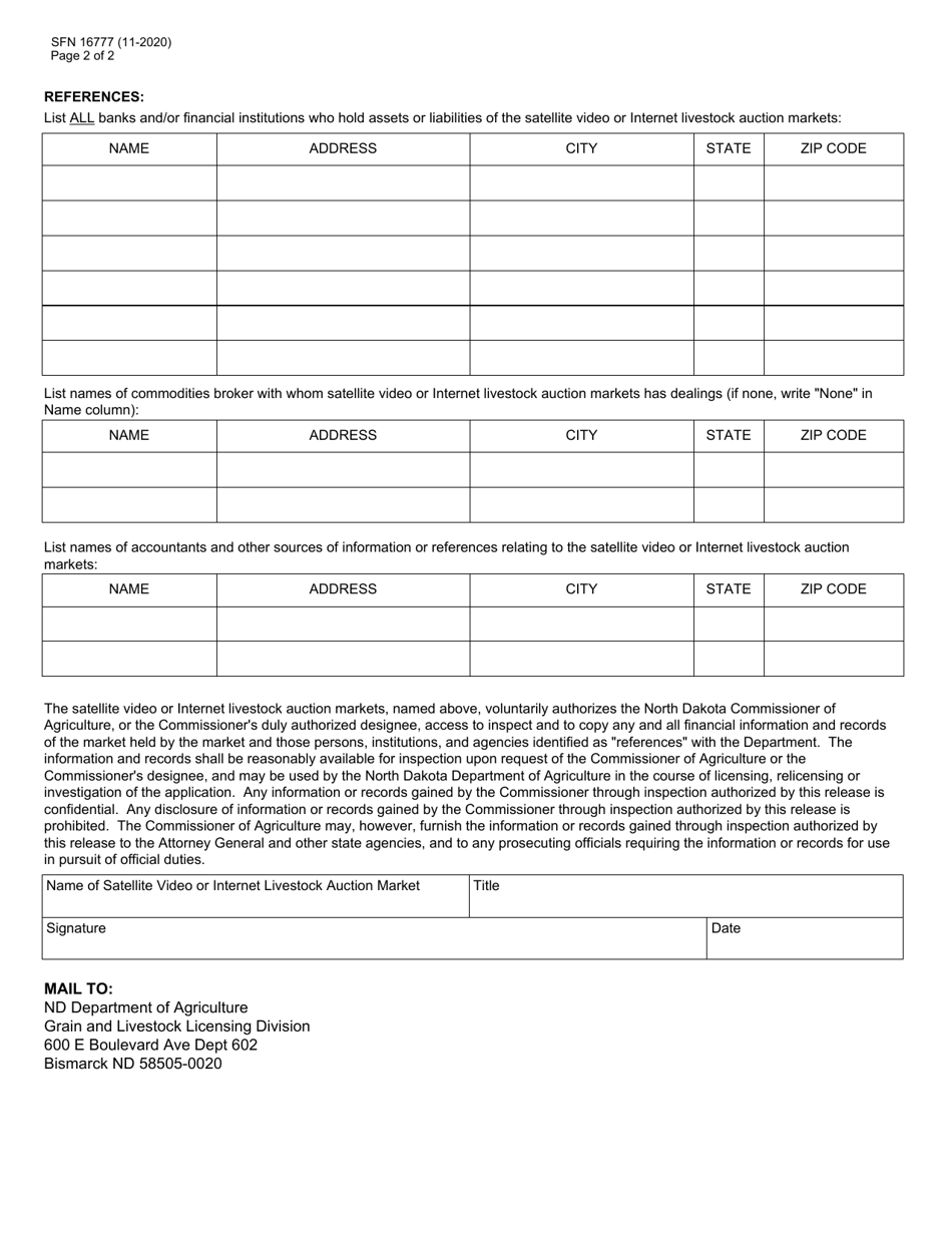 Form SFN16777 Application for Representative of Satellite Video or Internet Livestock Auction Markets - North Dakota, Page 2