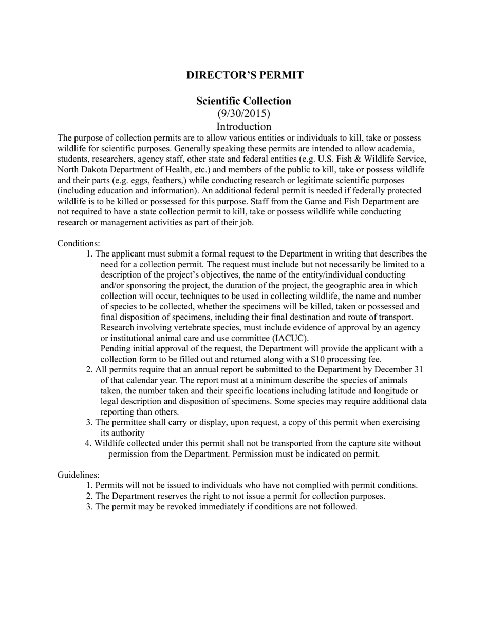 Form SFN6074 Application to Make Collections of Protected Birds, Fish, and Animals for Scientific Purposes - North Dakota, Page 1