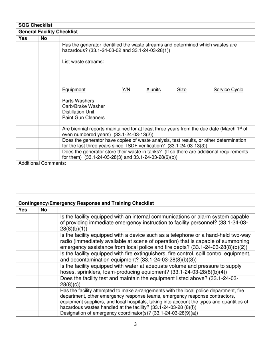 Small Quantity and Very Small Quantity Generators Inspection Checklist - North Dakota, Page 3