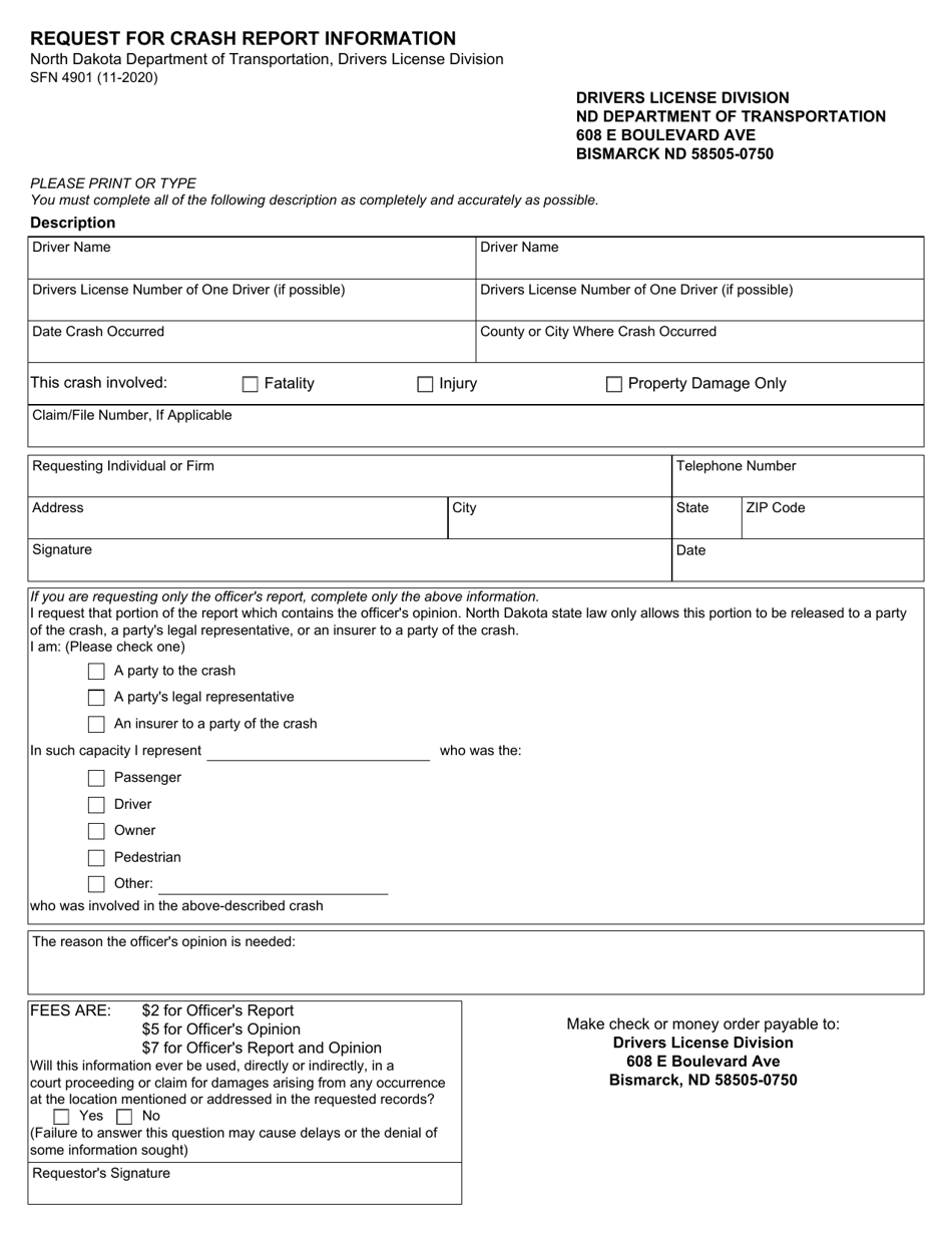 Form SFN4901 Request for Crash Report Information - North Dakota, Page 1