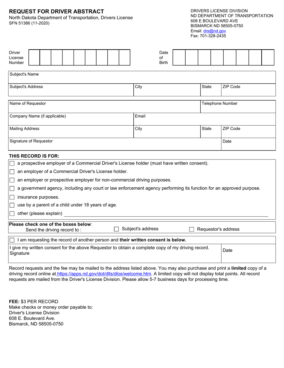 Form SFN51386 Request for Driver Abstract - North Dakota, Page 1